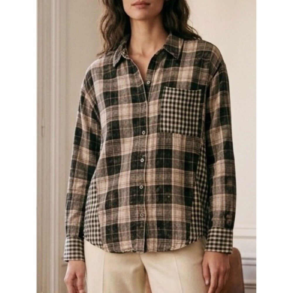 💎 Mystree Plaid Button-Up Shirt with Contrast Pocket Black & Cream Size S